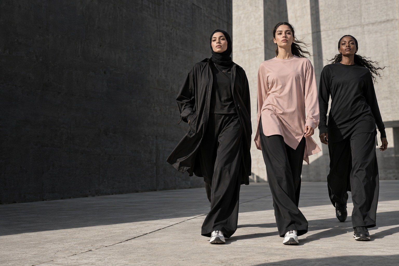 Three women in relaxed black and pink activewear walking through the city